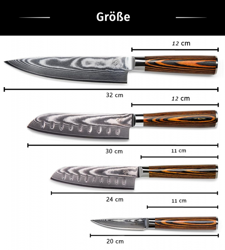 Größe Chefmesser-Details-Damas-Küchenmesser-Santoku-Kochnmesser-Set